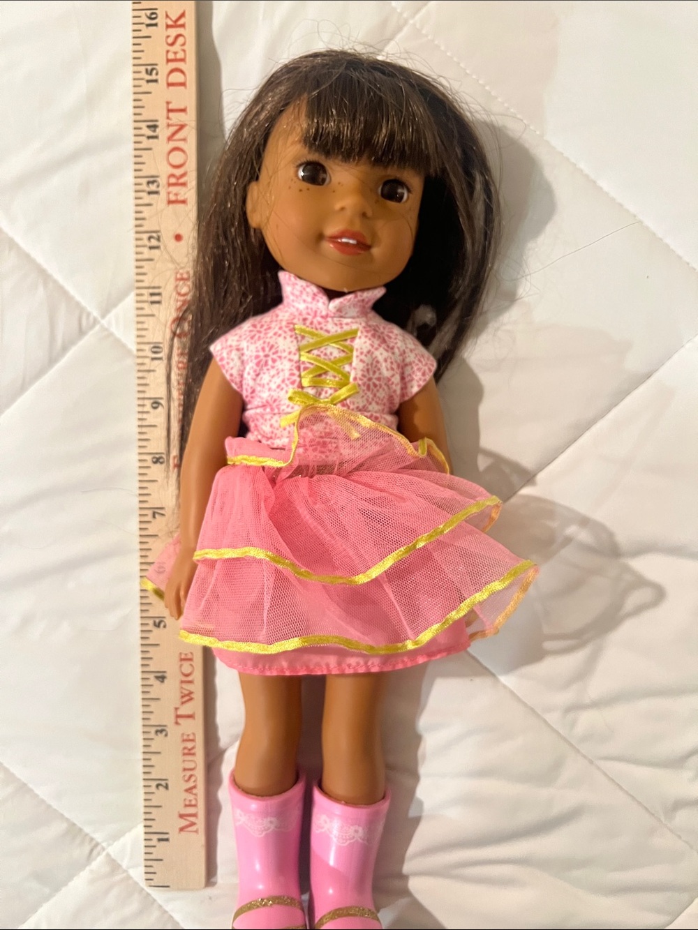 WellieWisher Ashlyn Doll with Pink Tulle Dress with Yellow/Gold trim.